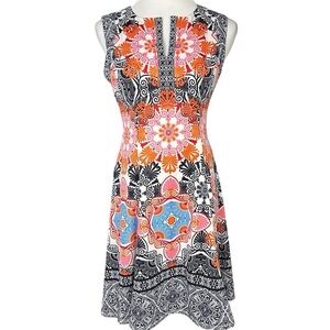 Maggy London Dress Womens Size 6 Multicolor Medallion Fit & Flare Knee Length